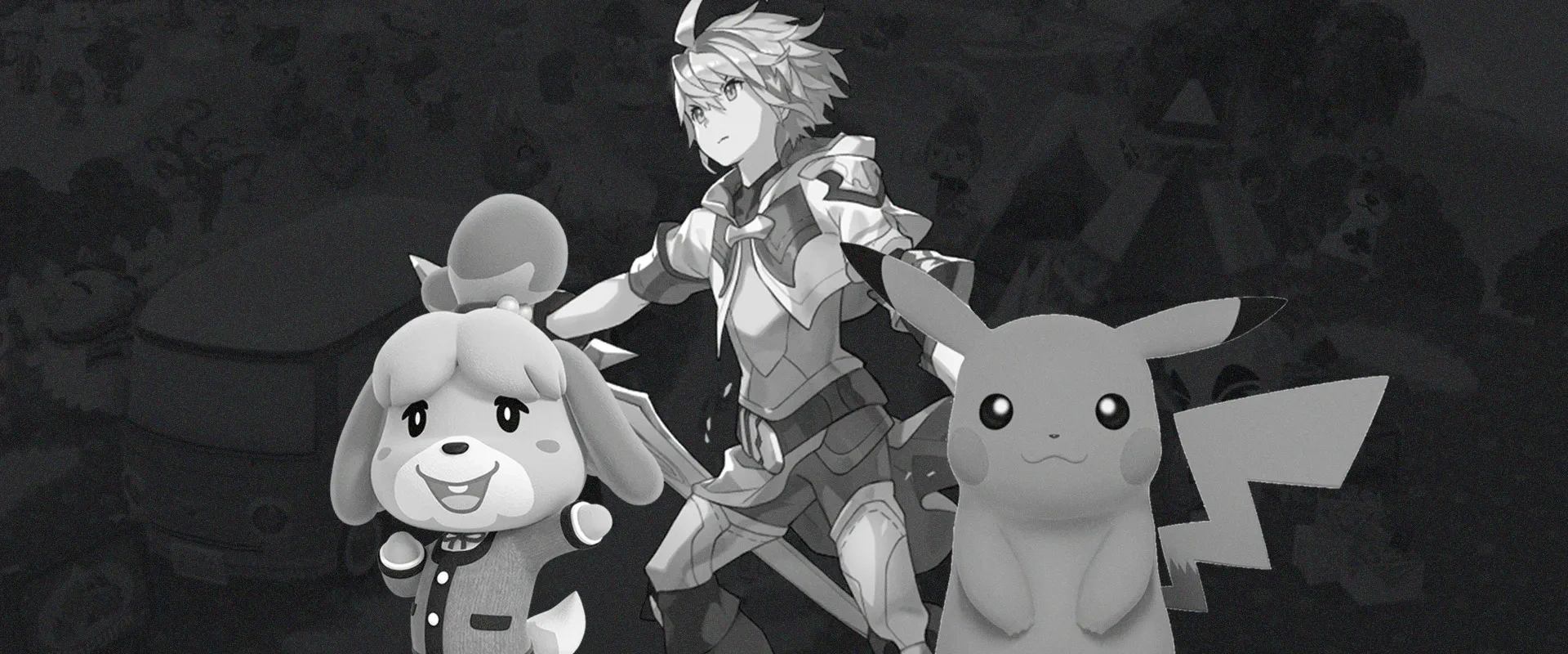 Imagem em preto e branco mostrando os protagonista de Animal Crossing, Dragalia Lost e Pokemon