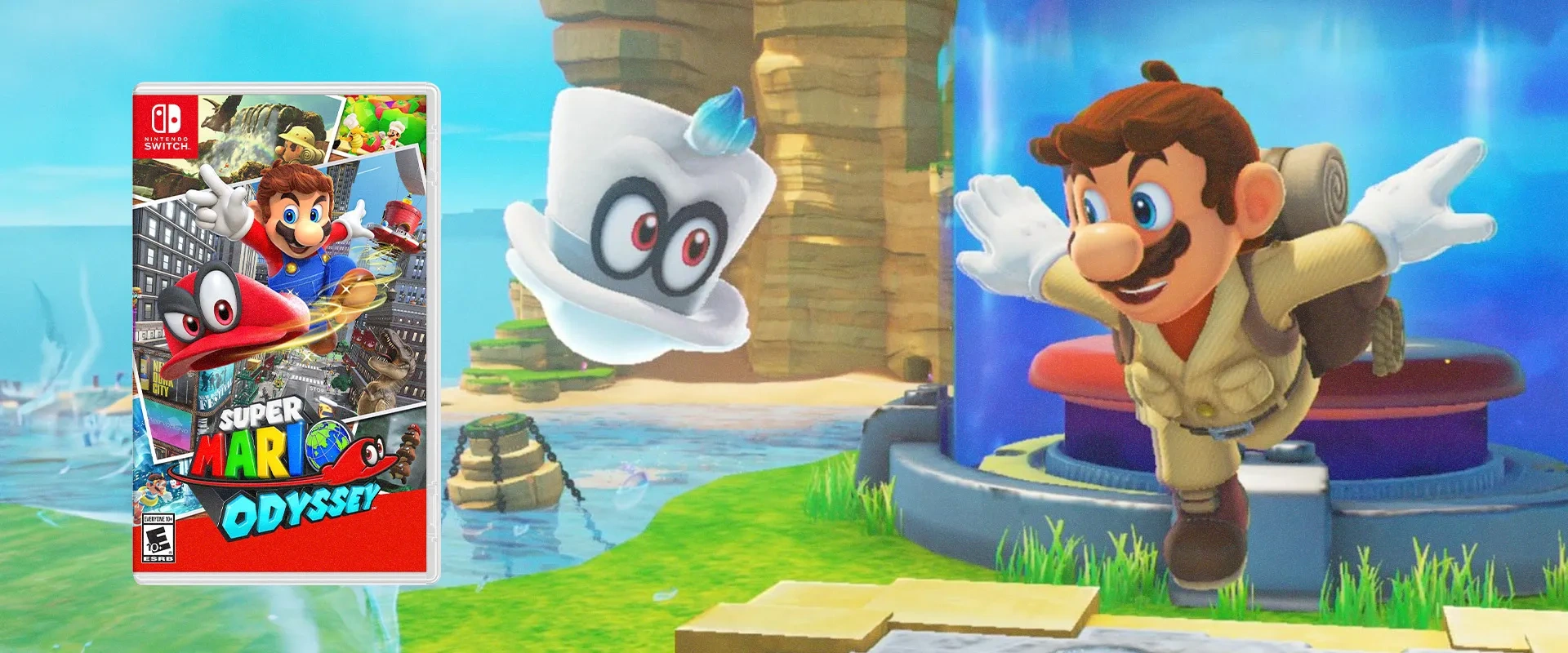 Capa do jogo físico de Super Mario Odyssey à esquerda, e captura do jogo ao fundo