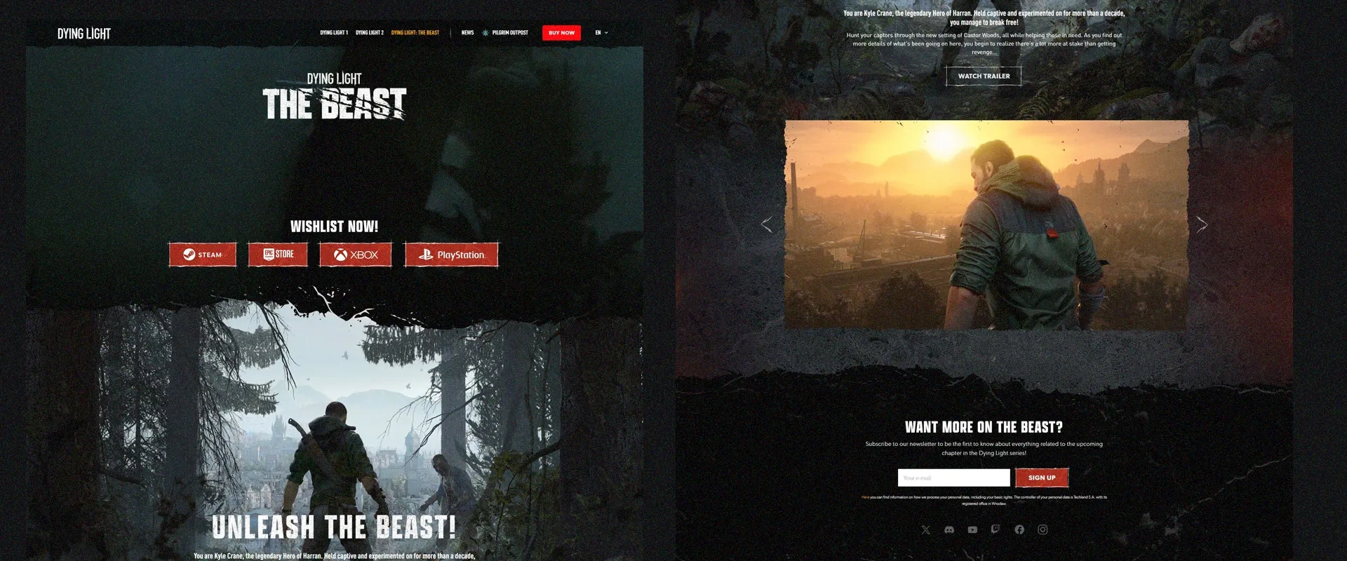 três imagens da página do site de Dying Light: The Beast