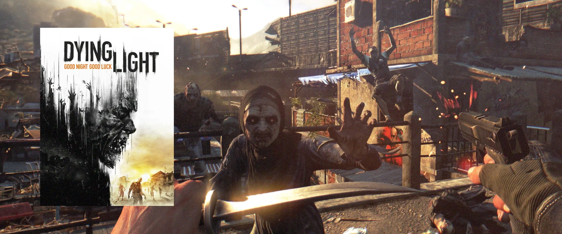 Capa de Dying Light à esquerda, imagem de captura do jogo ao fundo