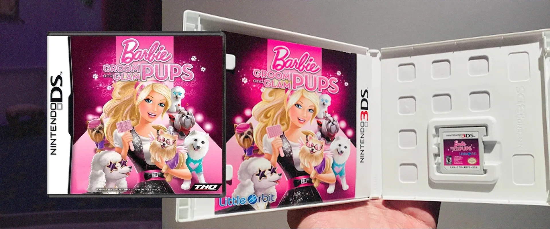 Capa de Barbie: Groom and Glam Pups à esquerda e caixa física do jogo à direita