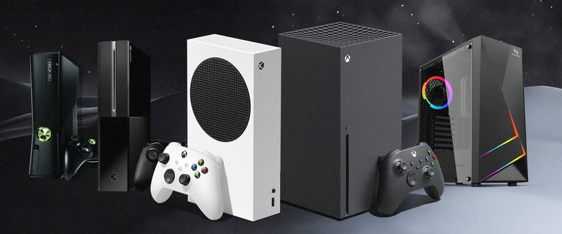 Imagem mostrando o Xbox 360, Xbox One, Xbox Series S | X e por último um PC, da esquerda para a direita