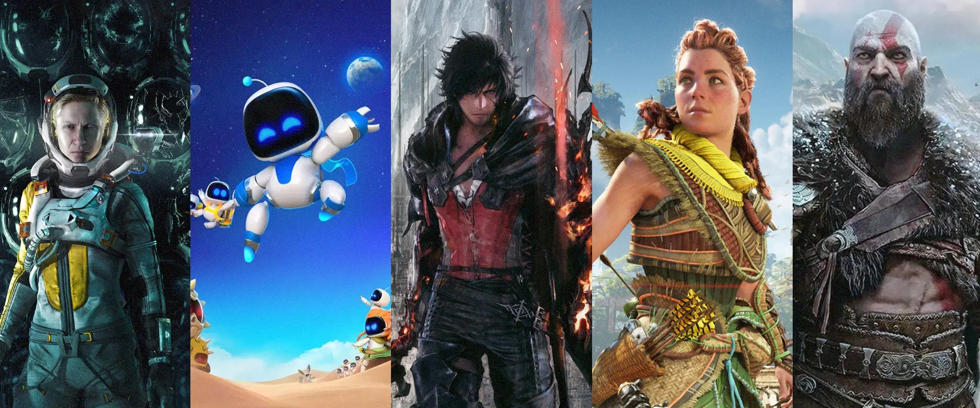 Imagem dos jogos seguintes (dà esquerda para direita): Returnal; Astro Bot; Final Fantasy XVI; Horizon: Forbidden West e God of War: Ragnarok