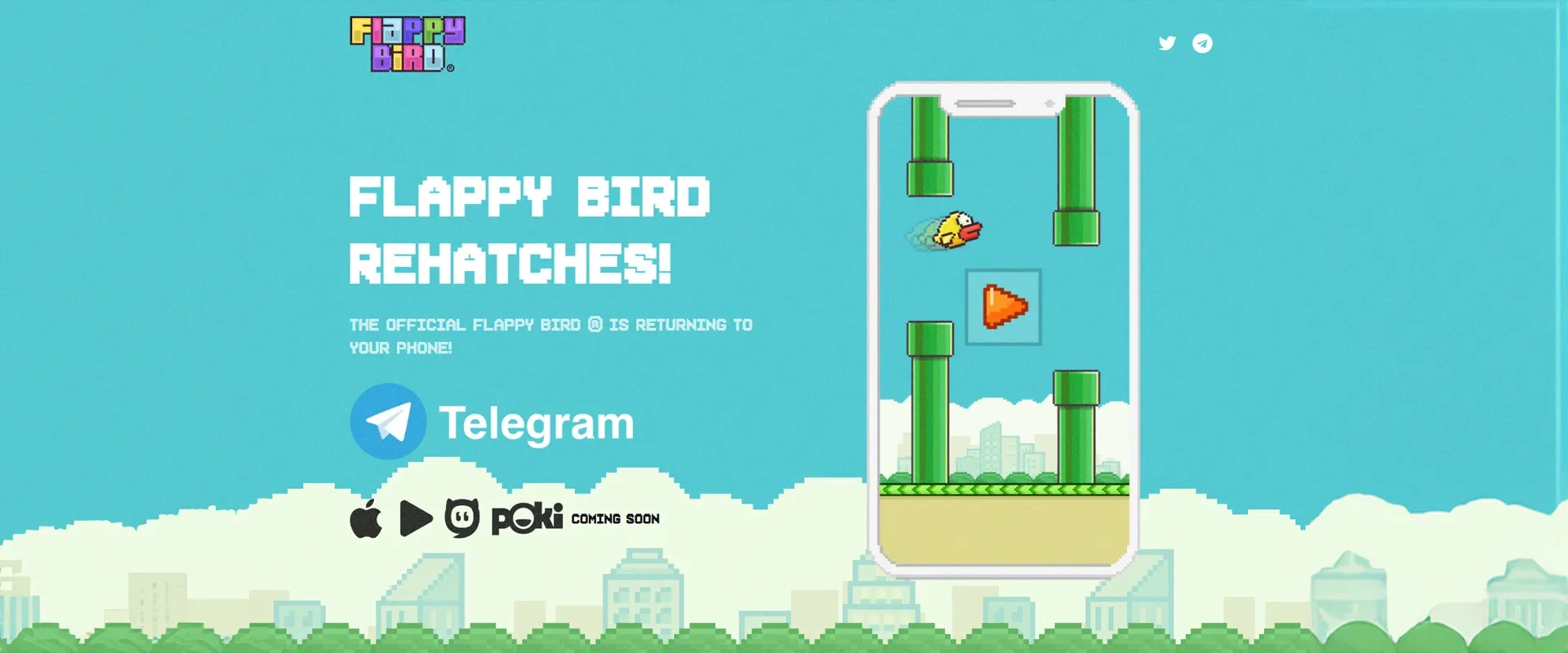 Imagem de anúncio do site do Flappy Bird novo, com links para telegram e imagens em um celular à direita