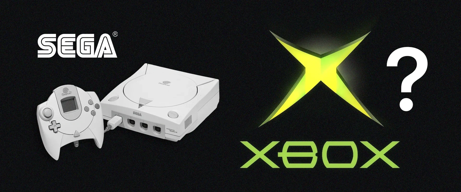 Imagem de um Dreamcast em preto e branco à esquerda, logo do Xbox à direita com um ponto de interrogação ao lado direito