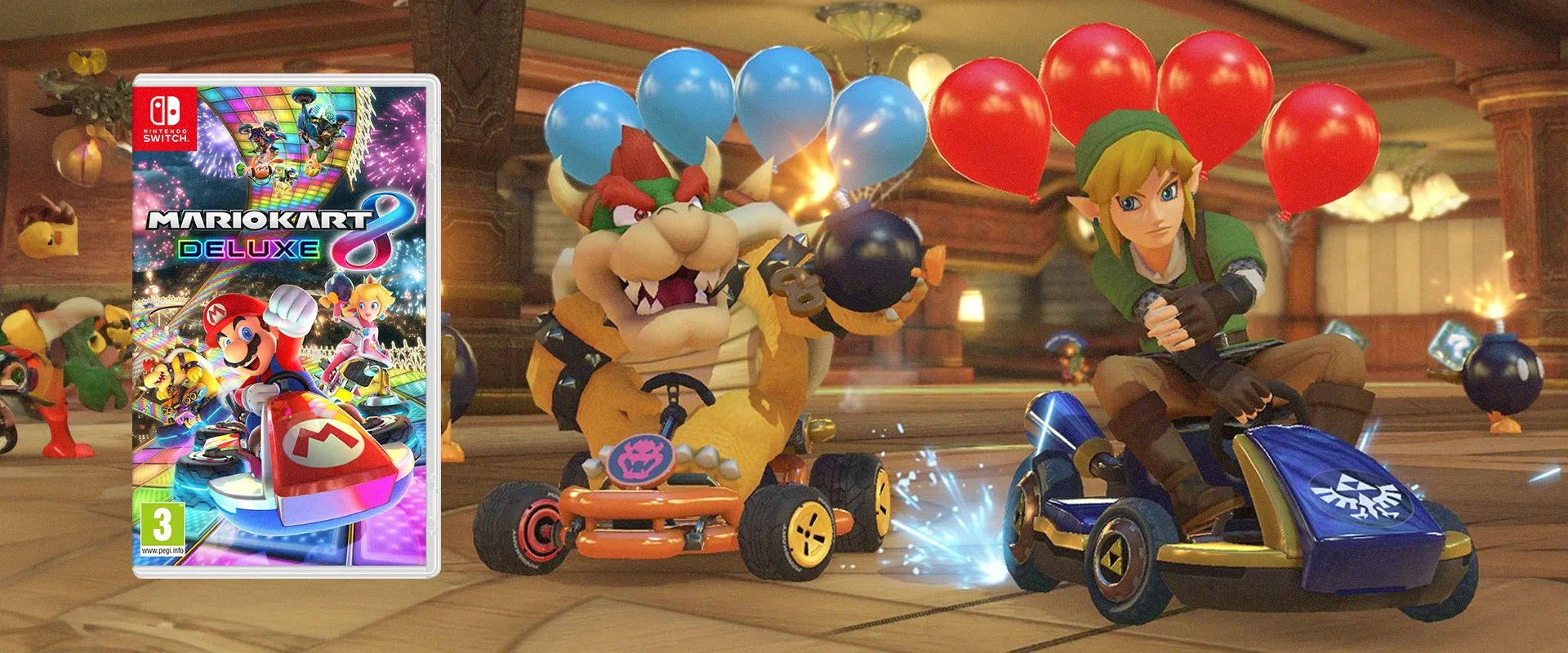 Capa do jogo físico de Mario Kart 8 Deluxe e Imagem do jogo ao fundo com Bowser e Link aparecendo em seus karts