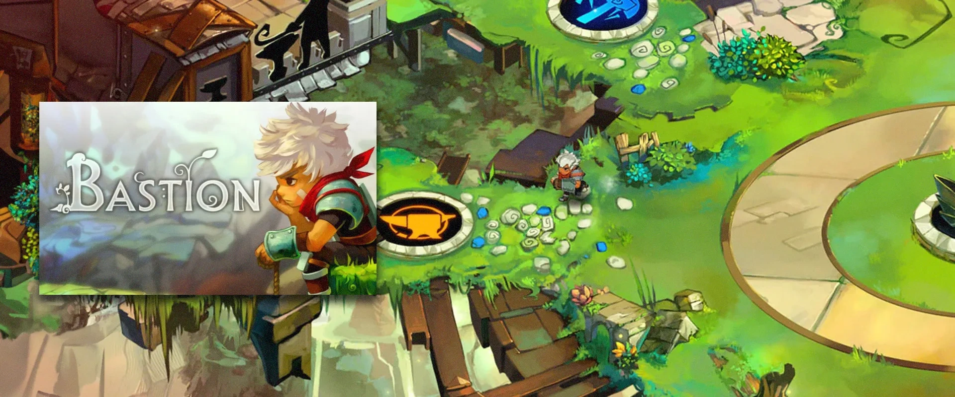 Capa de Bastion à esquerda e imagem do jogo ao fundo