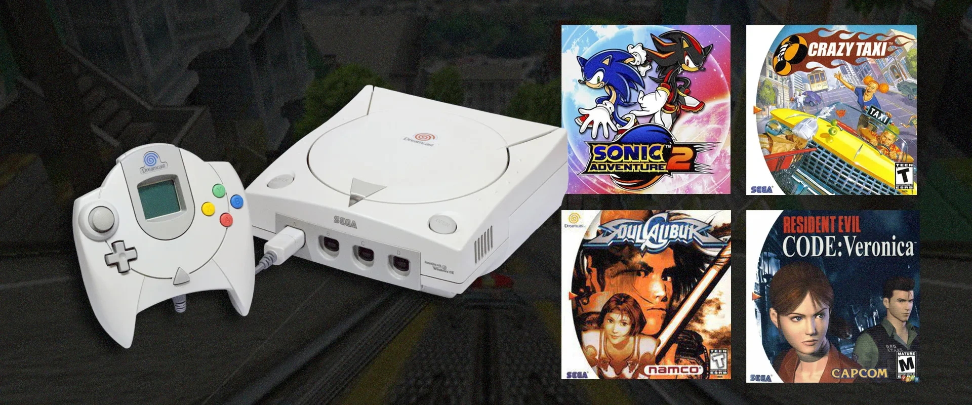 Imagem de um Dreamcast à esquerda, com a capa de quatro jogos à direita, começando em cima, em sentido anti-horário: Sonic Adventure 2, Soul Calibur, Resident Evil Code: Veronica e Crazy taxi