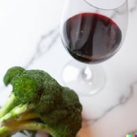 Broccoli, having a glass of red wine, on a white marble counter top