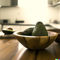 Avocados in wooden bowl