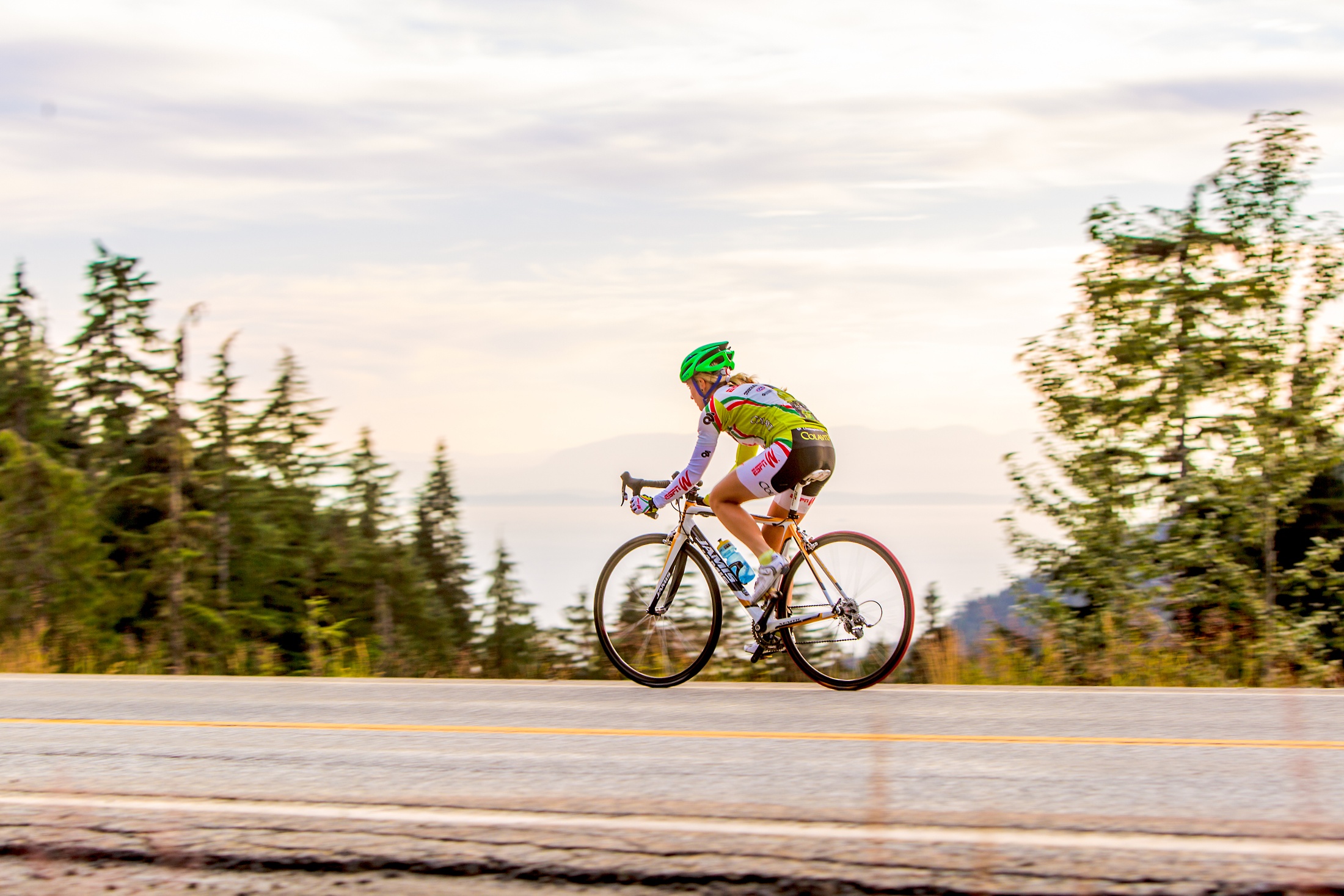 Leah Guloien Riding down Cypress Mountain WIth Horseshoe Bay In the Distance