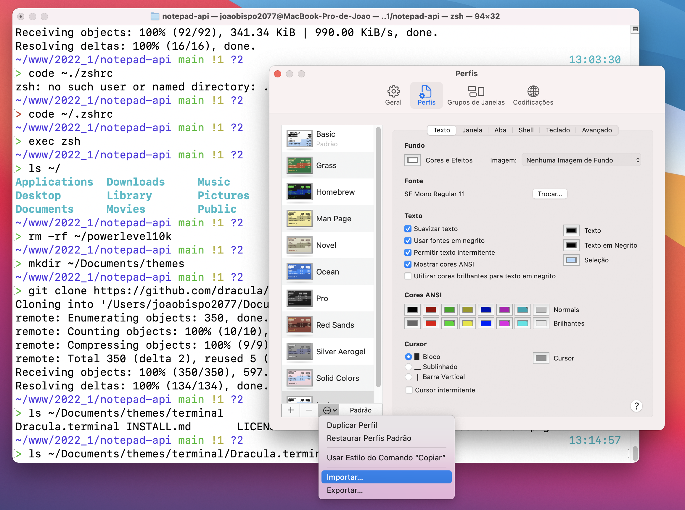Menu de importar paleta de cores do Terminal default do MacOS