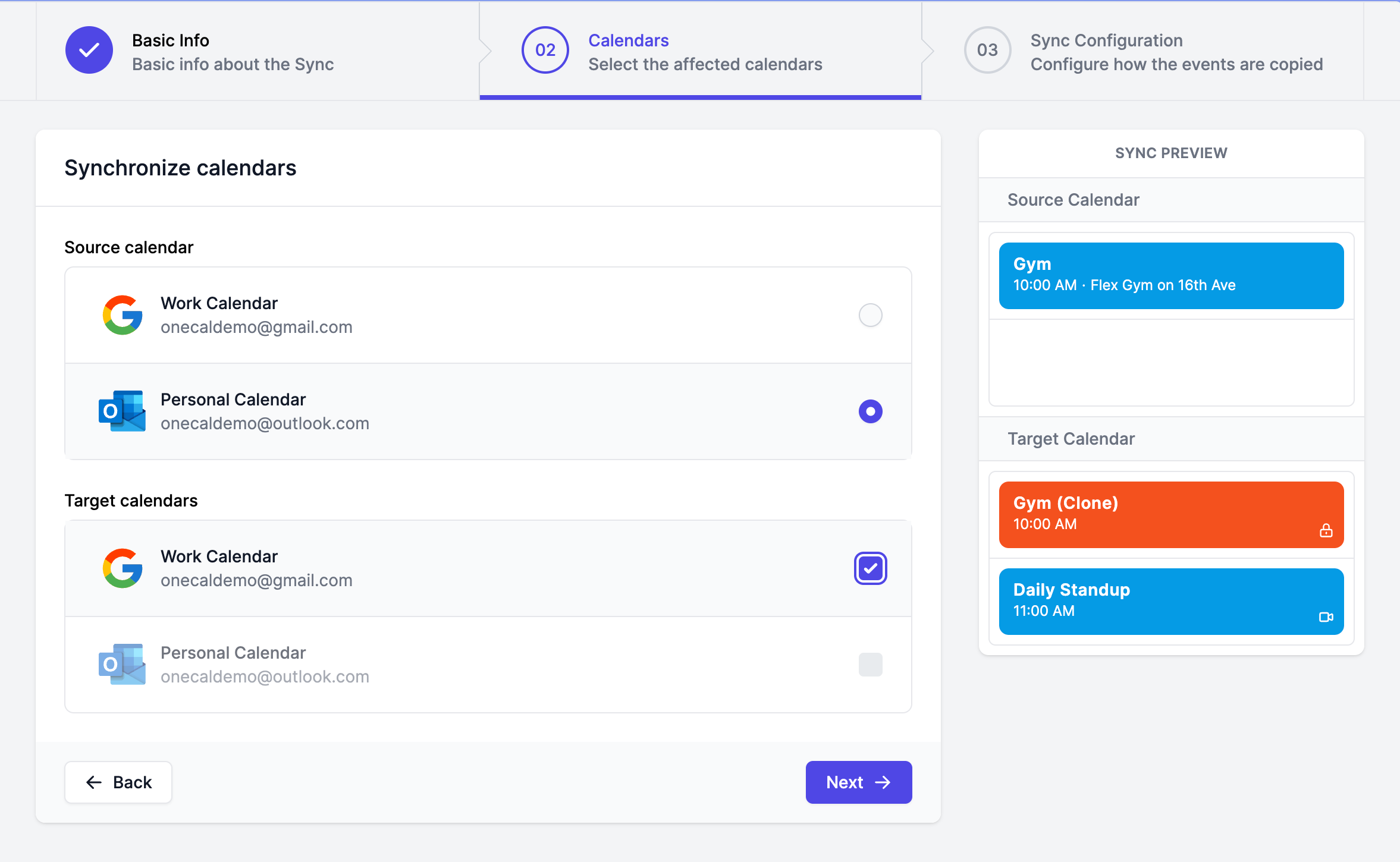 OneCal Calendar Sync - choose the calendars to sync