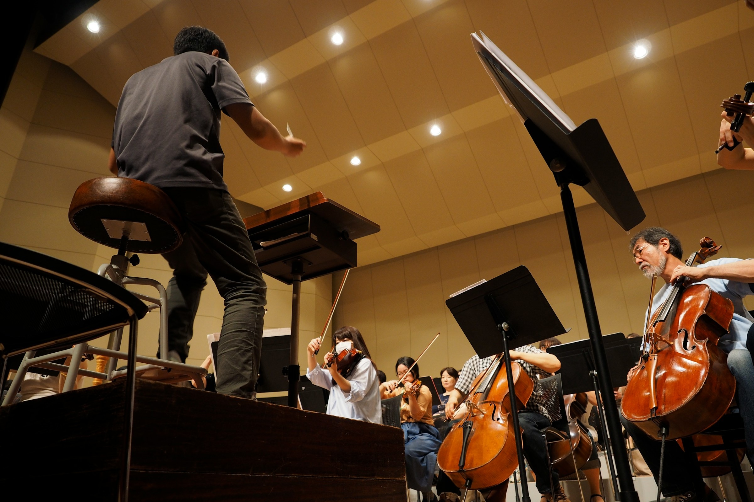 Image of a music conductor facing a group of string musicians