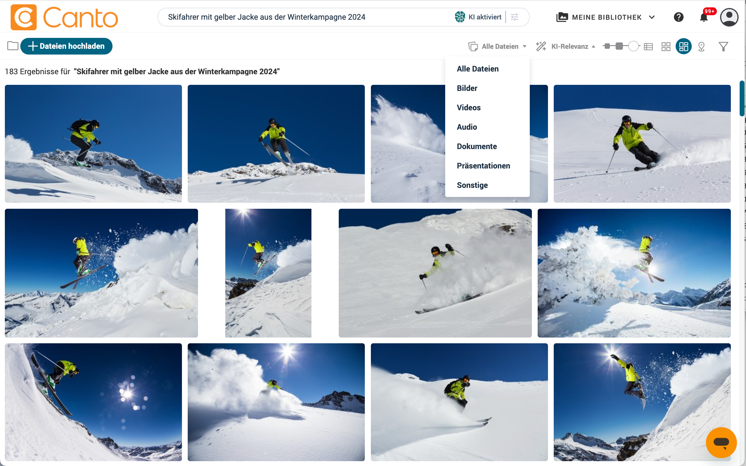 Screenshot aller verfügbaren Bilddateien zum Suchwort "Skifahrer mit gelber Jacke aus der Winterkampagne 2024"