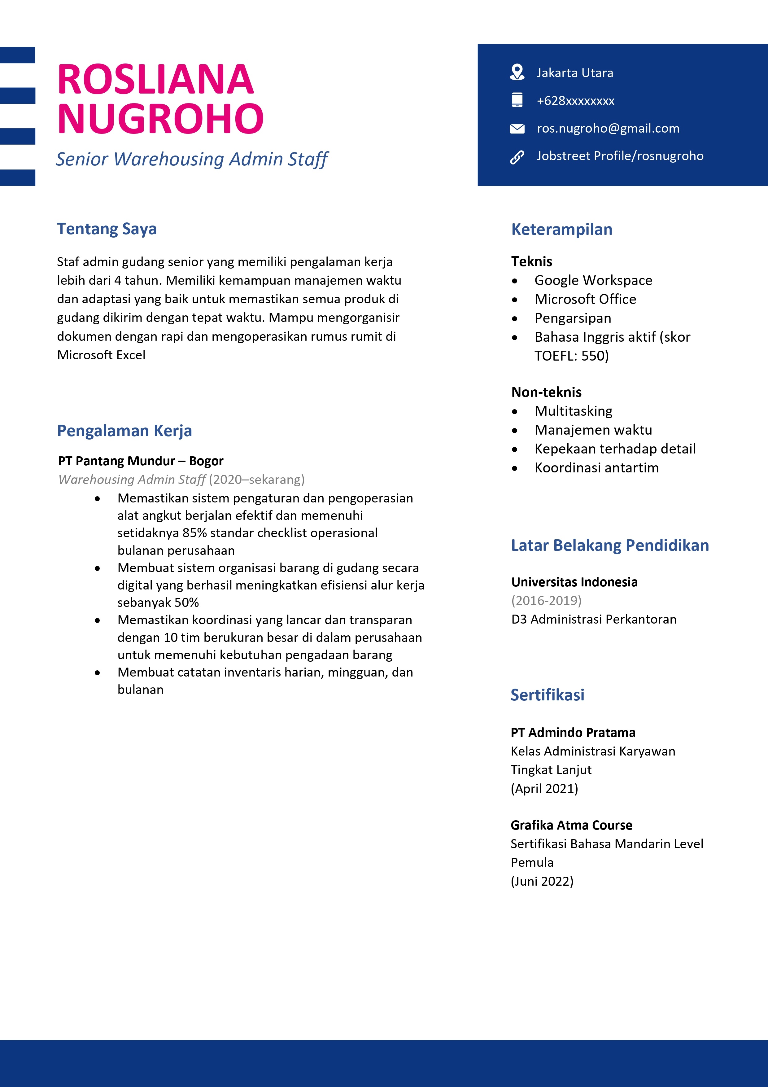 CV Template Modern Warehousing Admin Assistant.