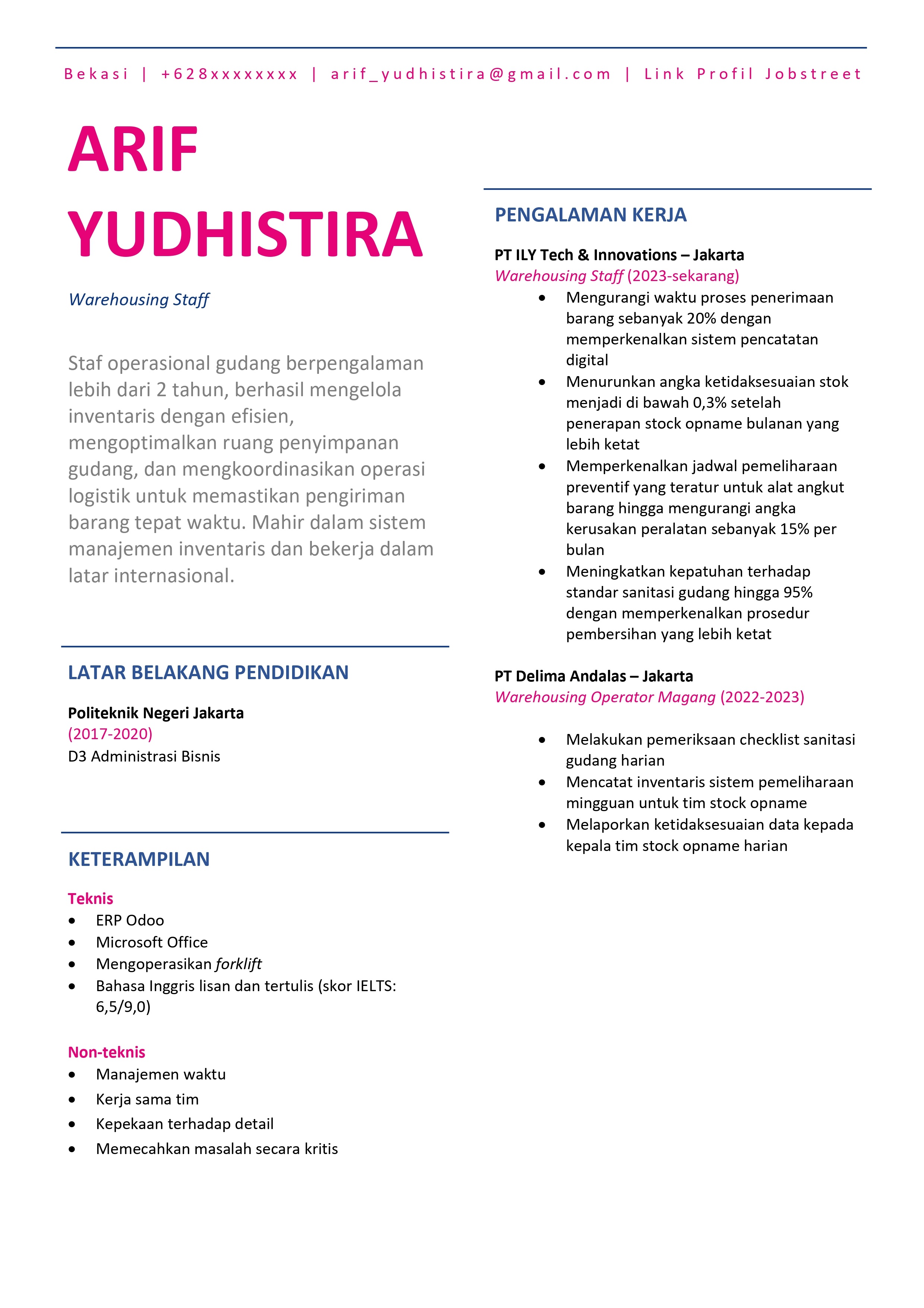 Contoh CV Staf Operasional Gudang (GRATIS Template) JobStreet Indonesia