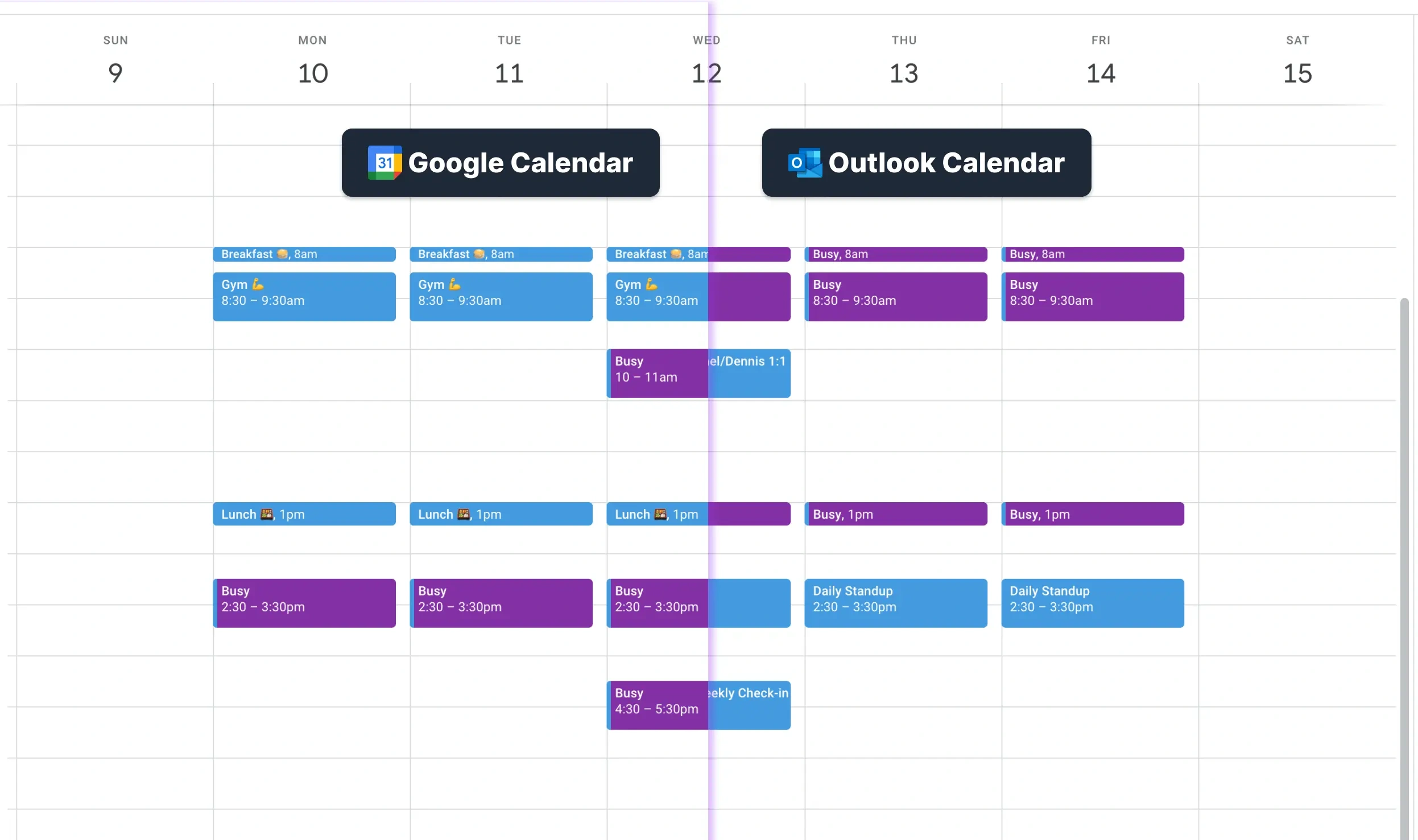 Synced Outlook and Google Calendars