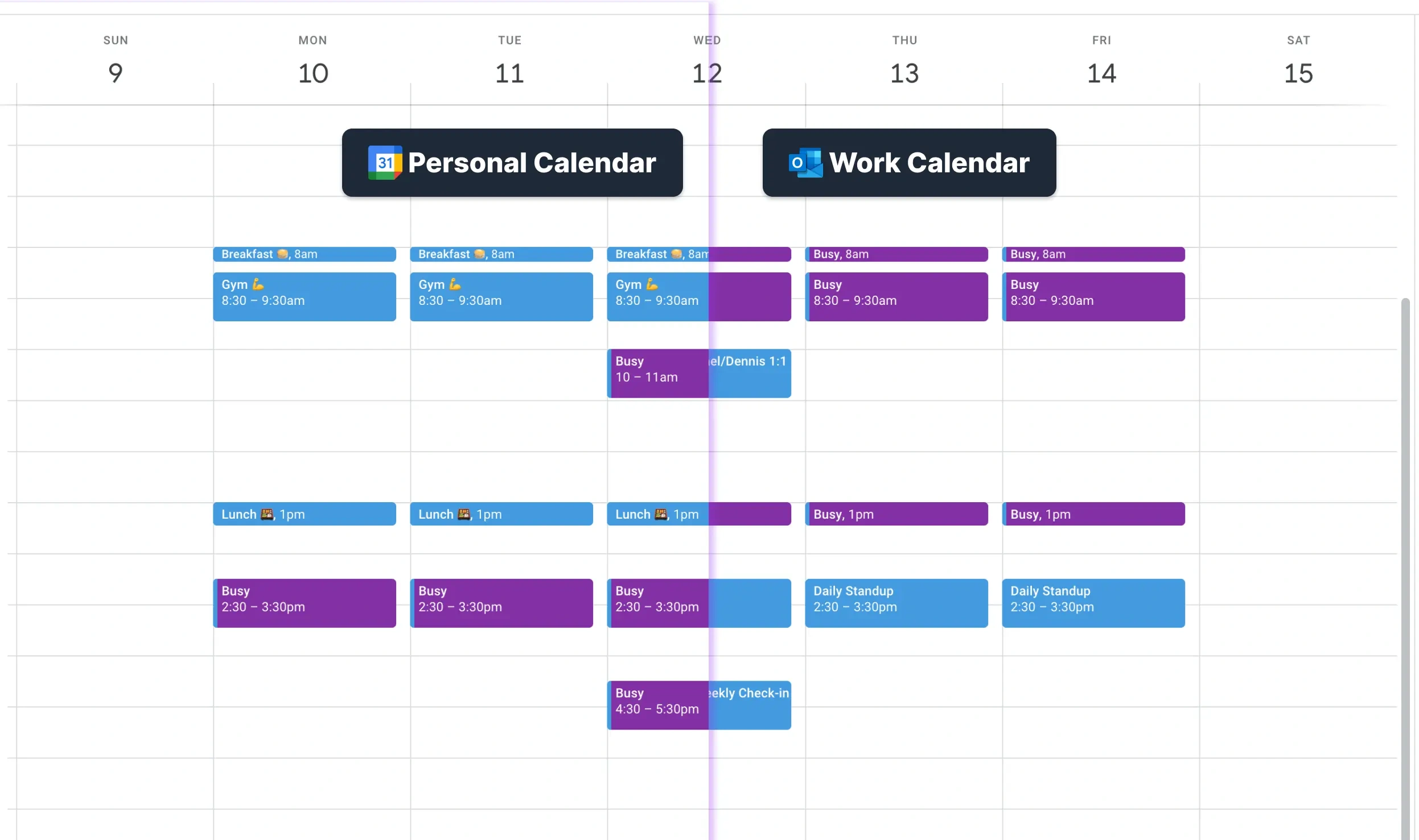 Example of a synced work and personal calendar