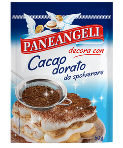 busta Paneangeli del cacao dorato da spolverare. Ad un tiramisù viene spolverato sopra del cacao glitterato e scintillante