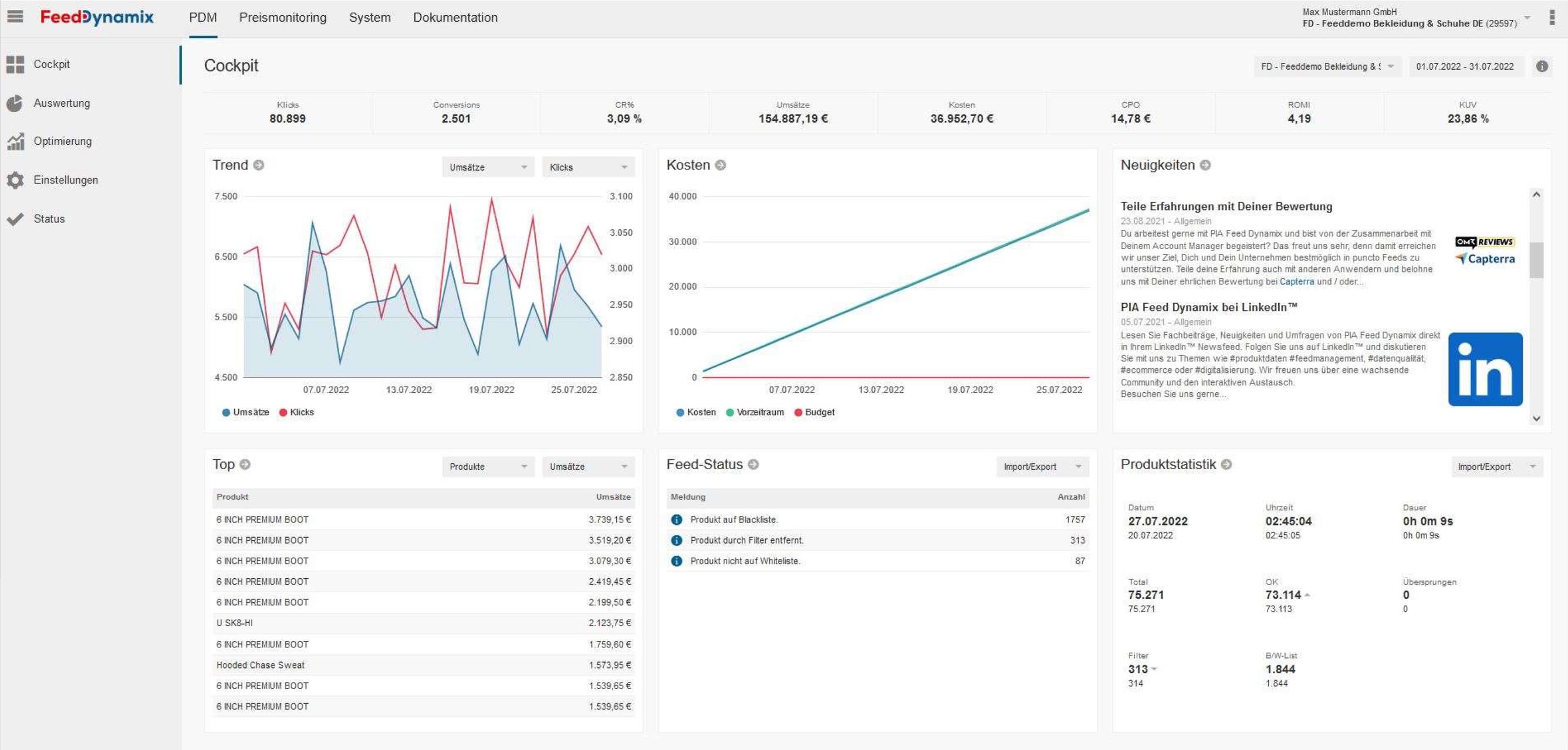 Dashboards bei Feed Dynamix helfen dir bei der Optimierung des Shopping Feeds