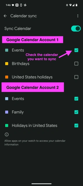 Toggle the Google Calendars you want to sync