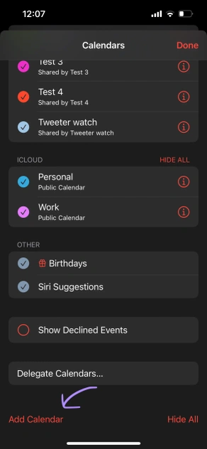 iPhone Calendar - click Add Calendar