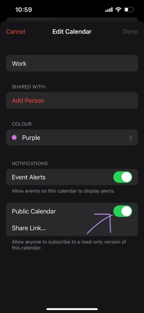 iPhone Calendar - Turn on the Public Calendar toggle