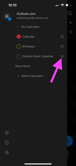 Outlook iOS - Click the setting icon on the right of the calendar