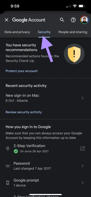 iOS Google app - Security Tab