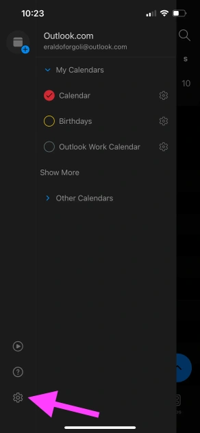 Outlook iOS - Click the Settings icon on the bottom left of the screen