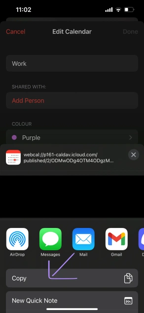 iPhone Calendar - Copy the Webcal URL