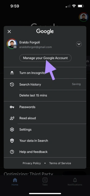 iOS mobile app - Click Manage your Google Account