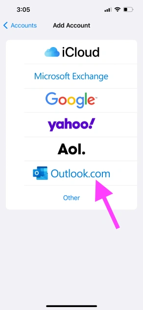 iPhone Settings - Click 'Outlook.com'