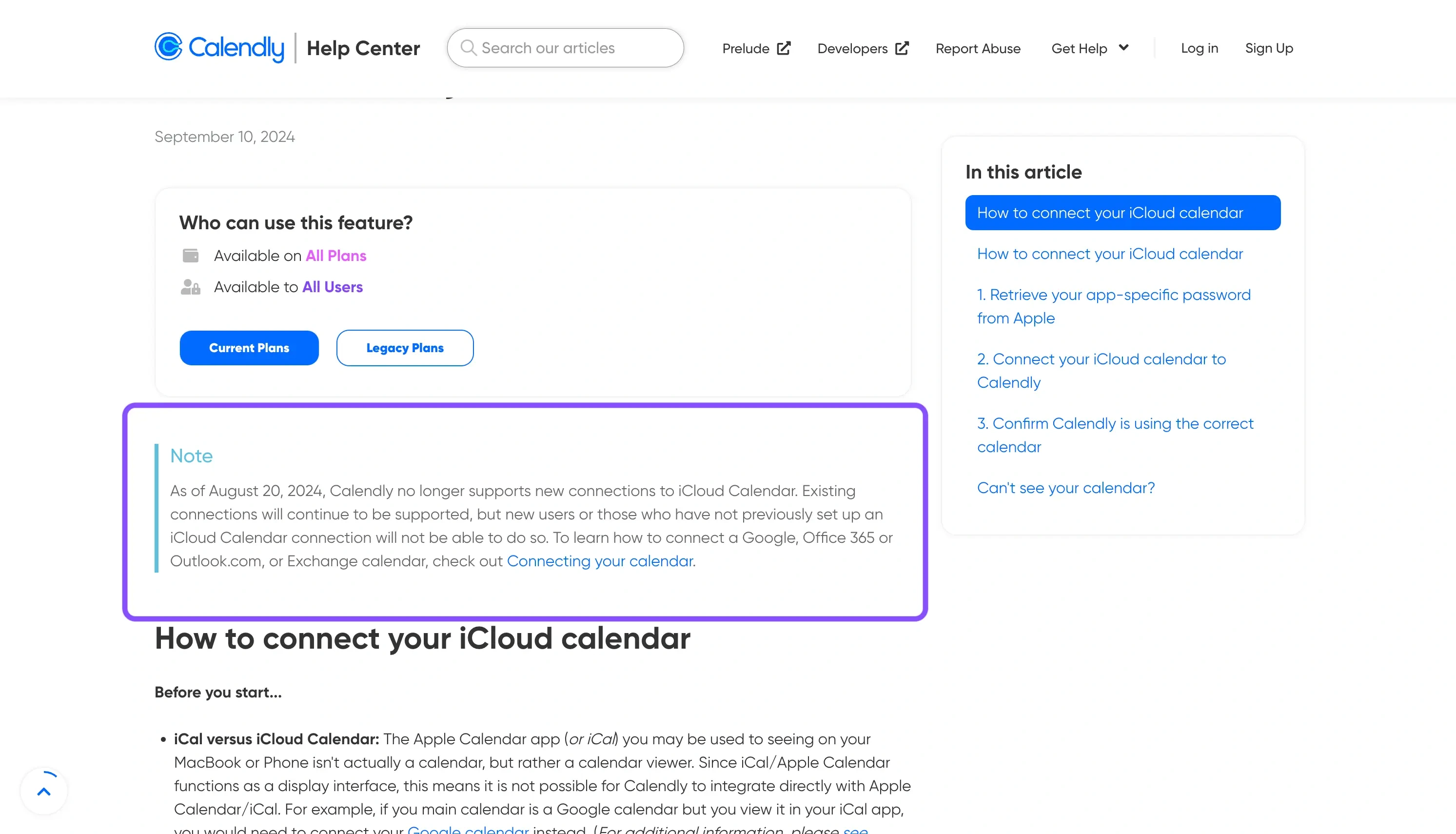 Calendly announcement to remove iCloud Support