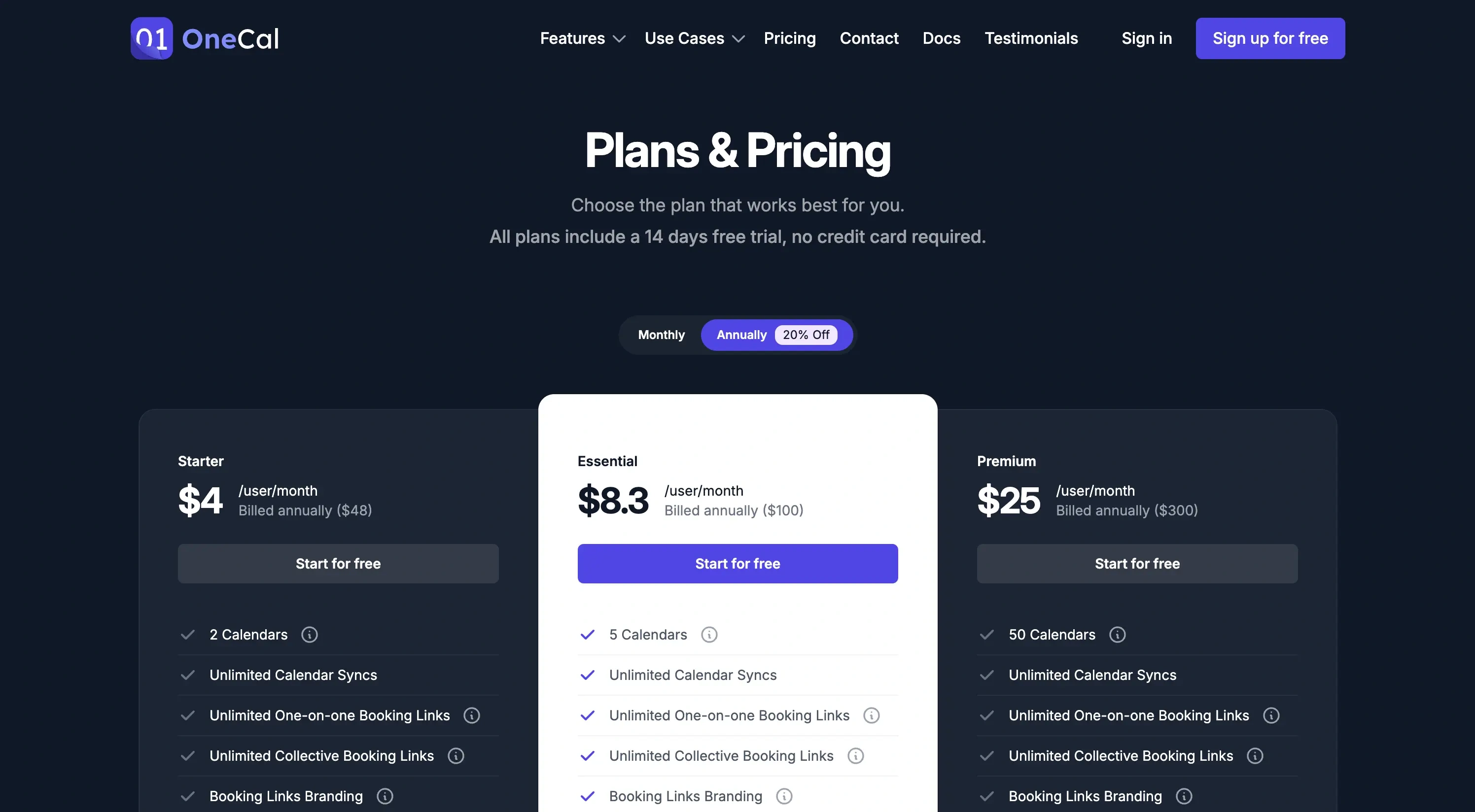 OneCal pricing page