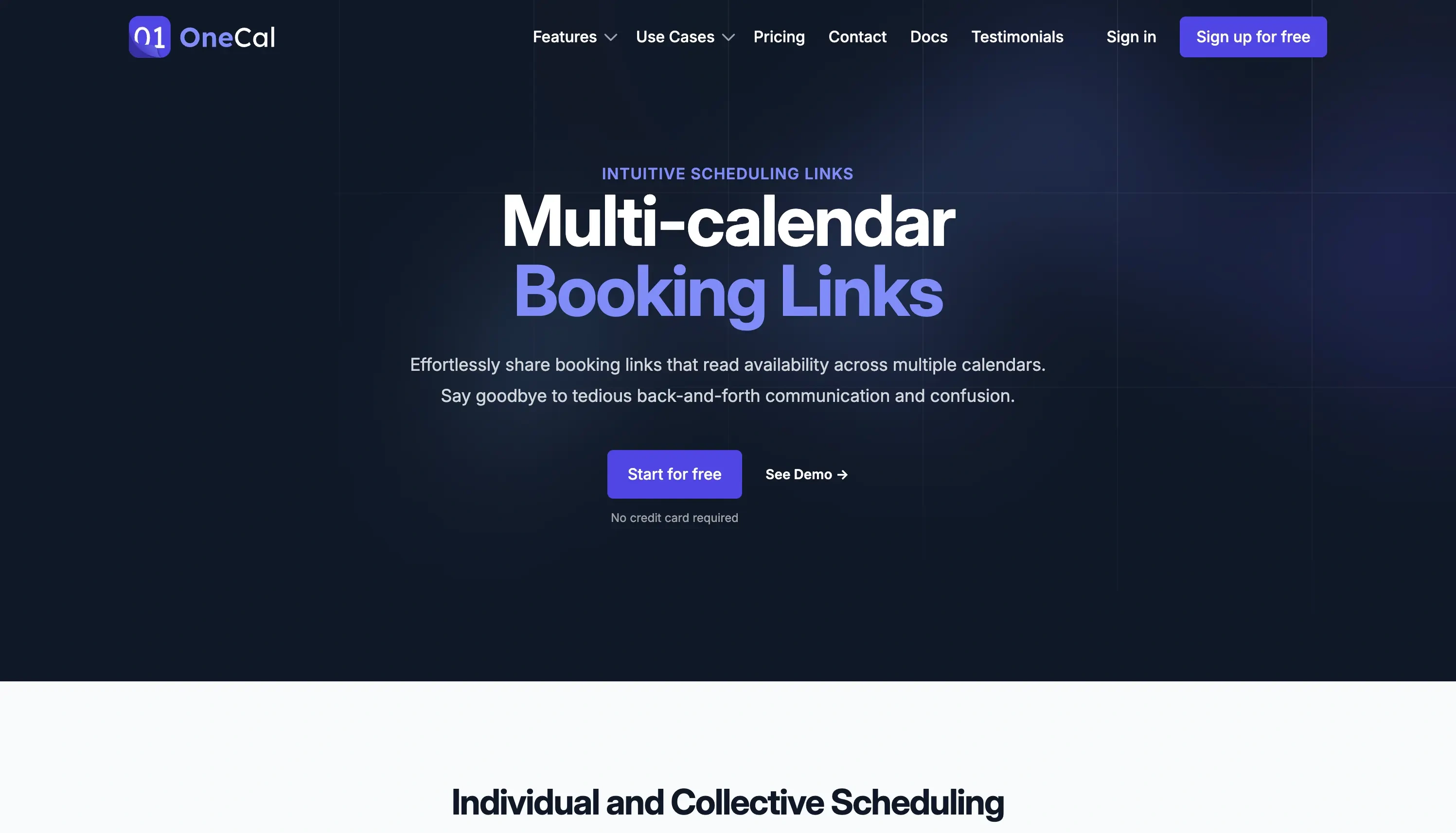 The landing page of OneCal Booking Links