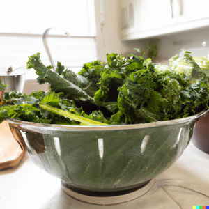 KALE, COLLARDS, MUSTARD, AND TURNIP GREENS in a big bowl in a well lite kitchen.png