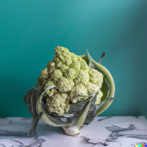 Cauliflower on a white marble countertop, with blue patterned wall