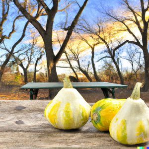 WINTER SQUASH outside on a rustic picnic table with trees in the background