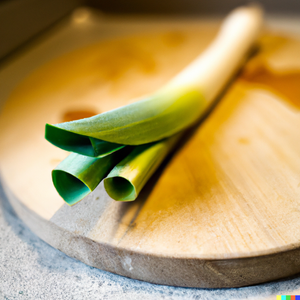 Leeks, on a large wooden cutting board in a well lit kitchen