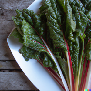 SWISS CHARD on a white plate on top of a rustic wood