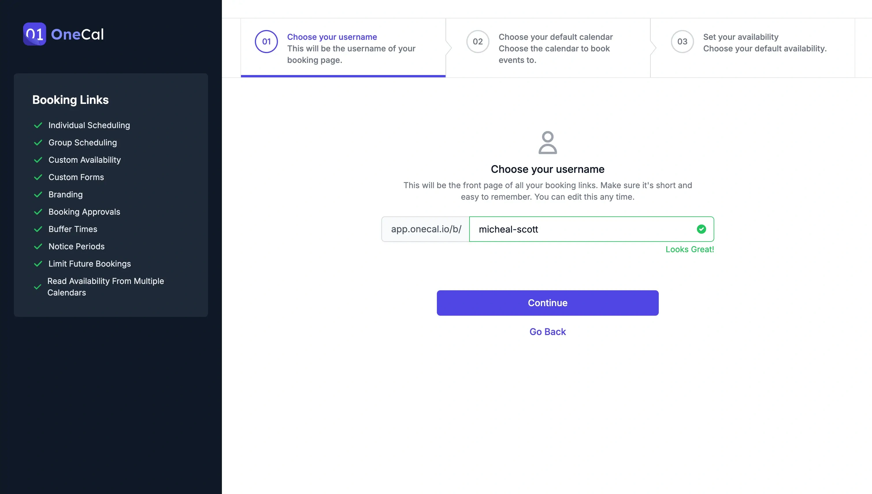 OneCal Scheduling Links - Choose Username