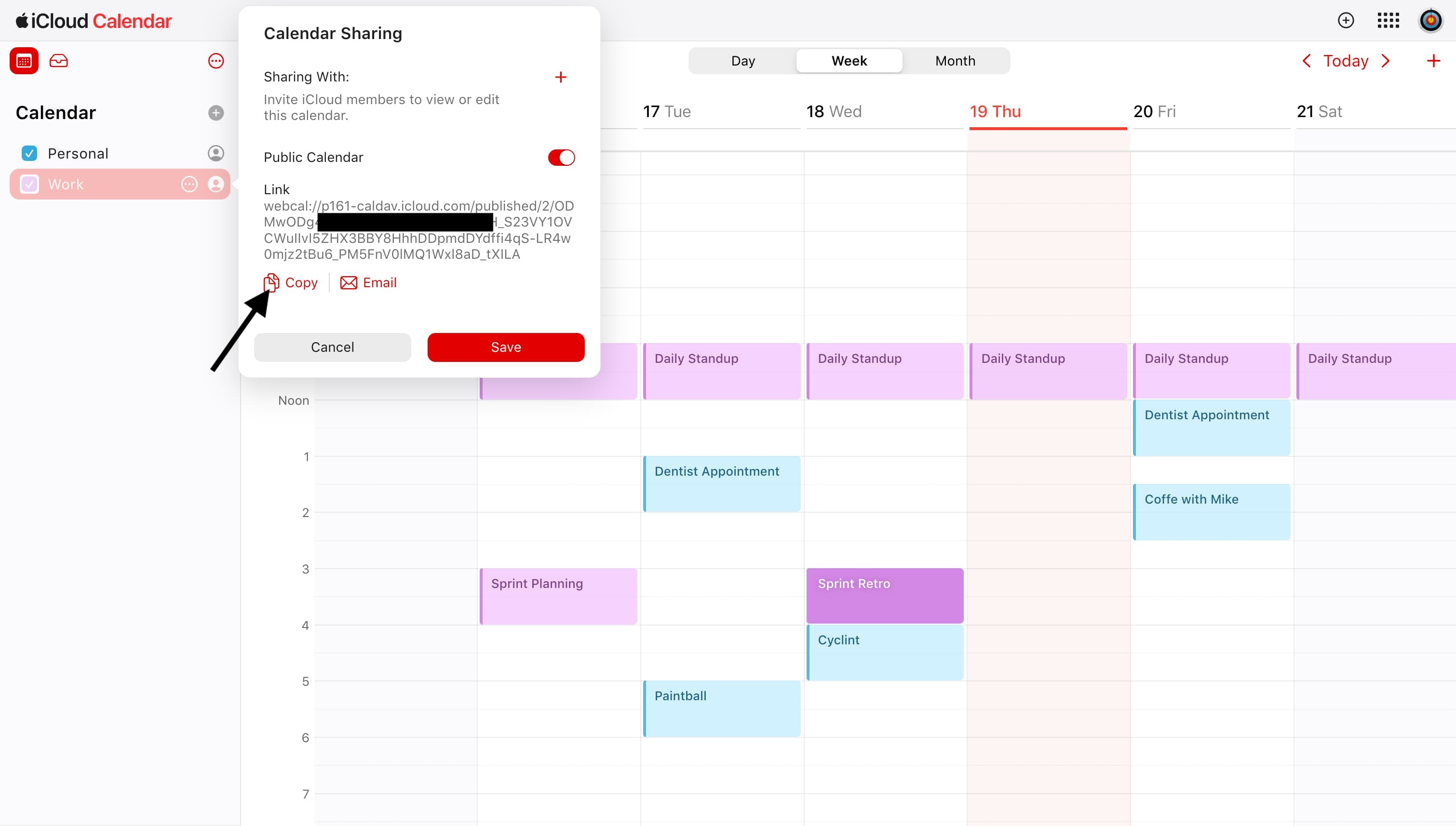 Apple Calendar - Copy the Webcal URL generated when toggling the