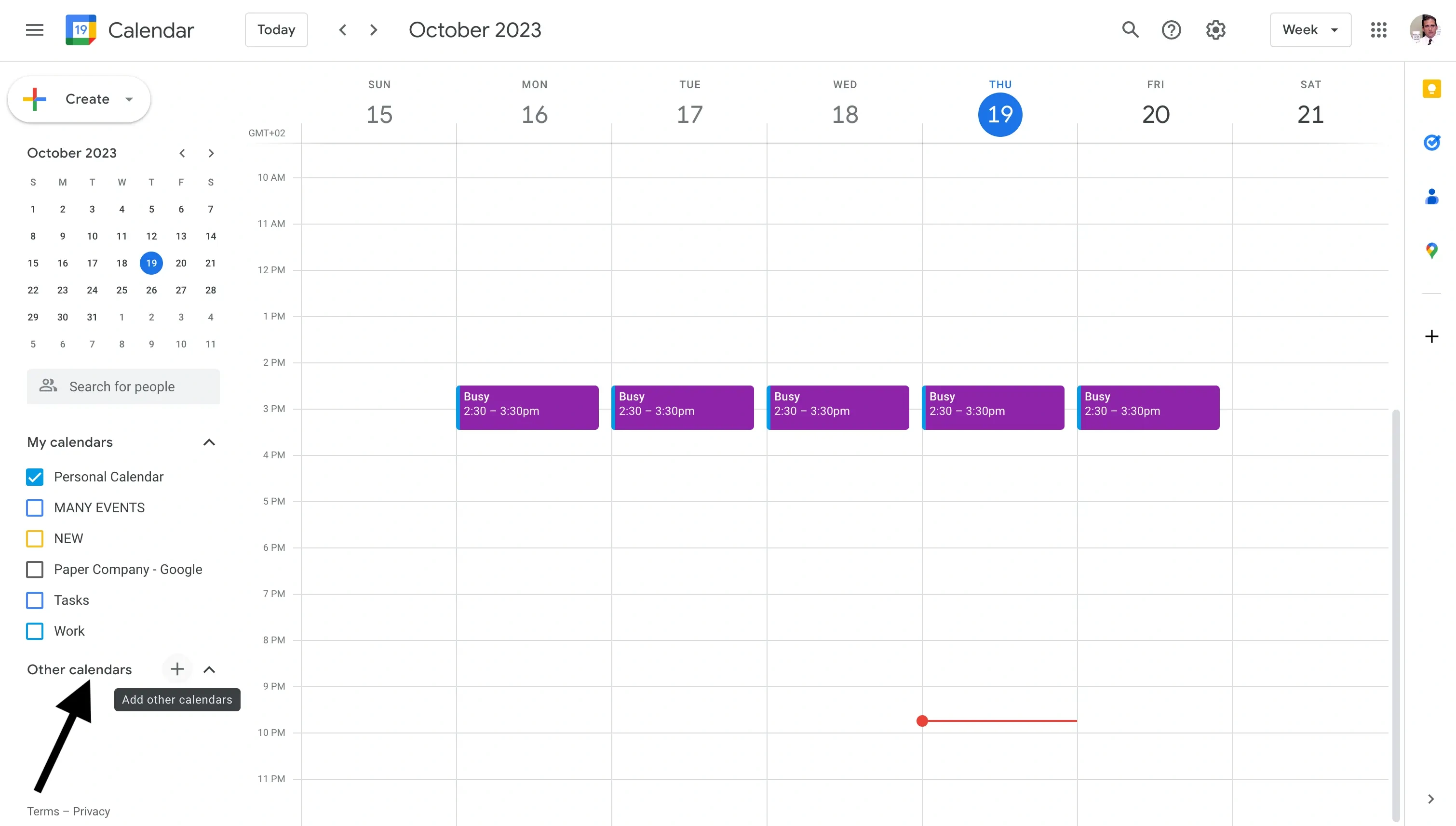 Google Calendar - Other Calendars section