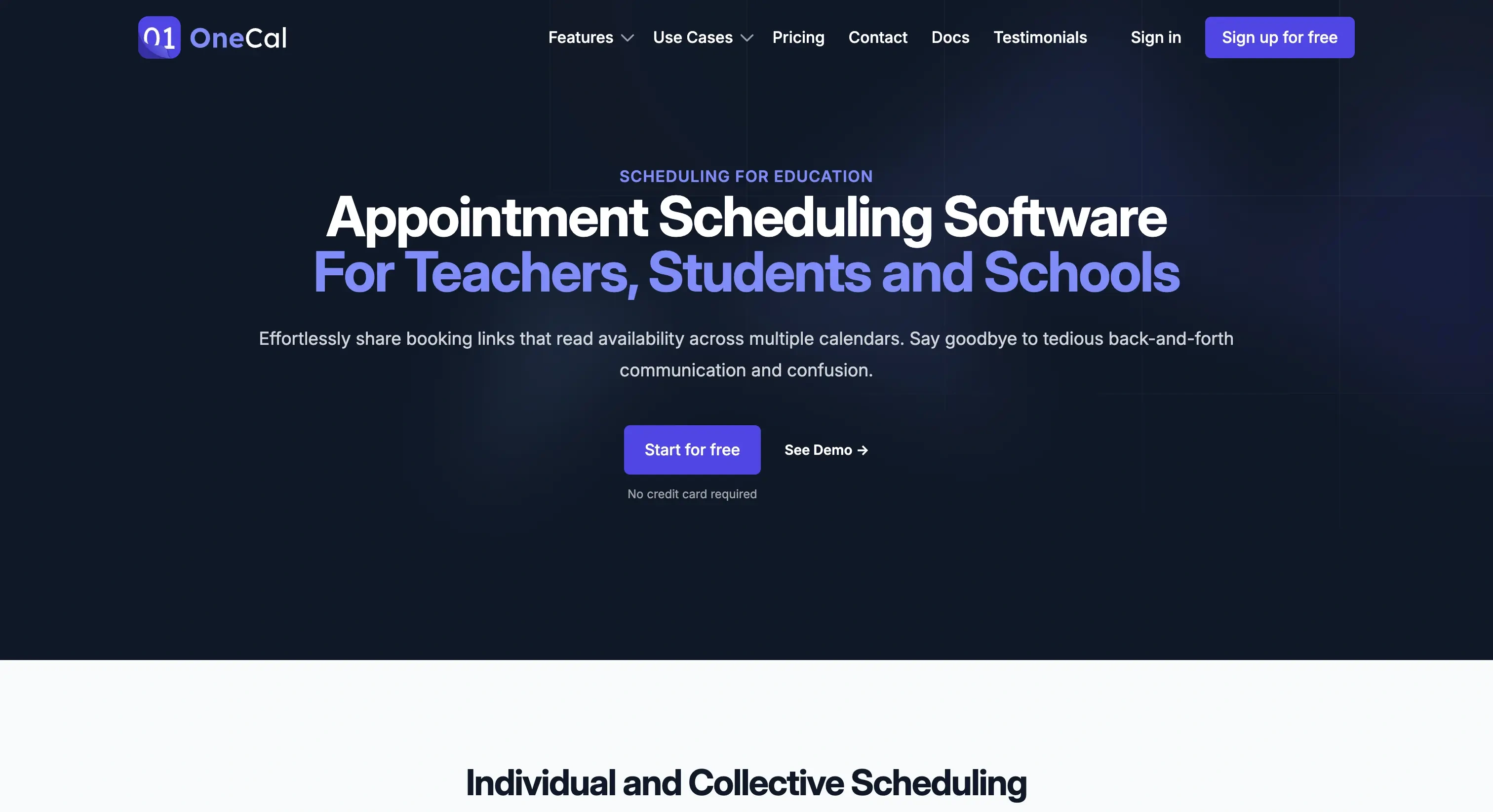 OneCal for education landing page
