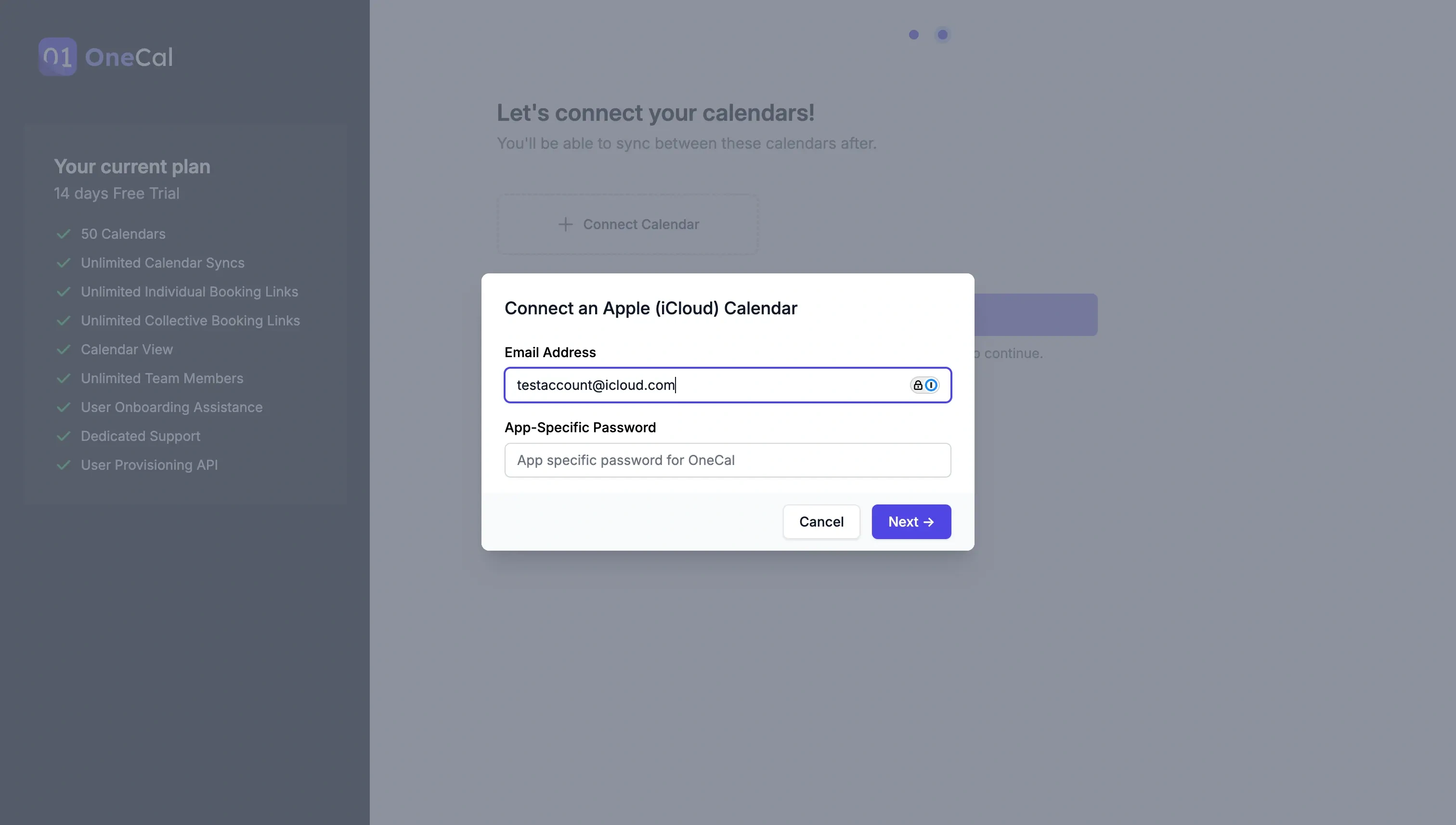 OneCal UI - Enter App Specific Password
