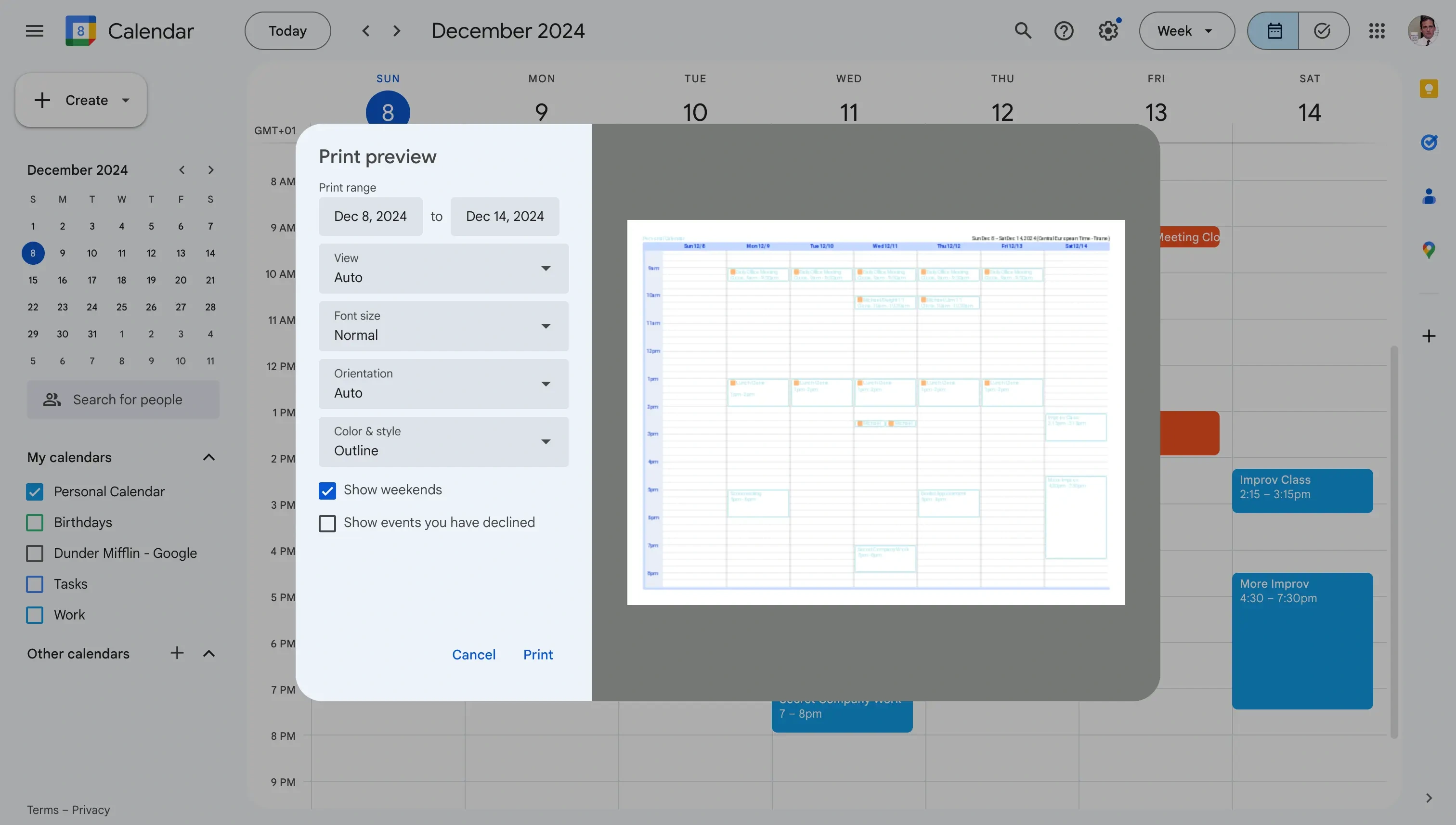 Google Calendar - Preview the print and enter further settings