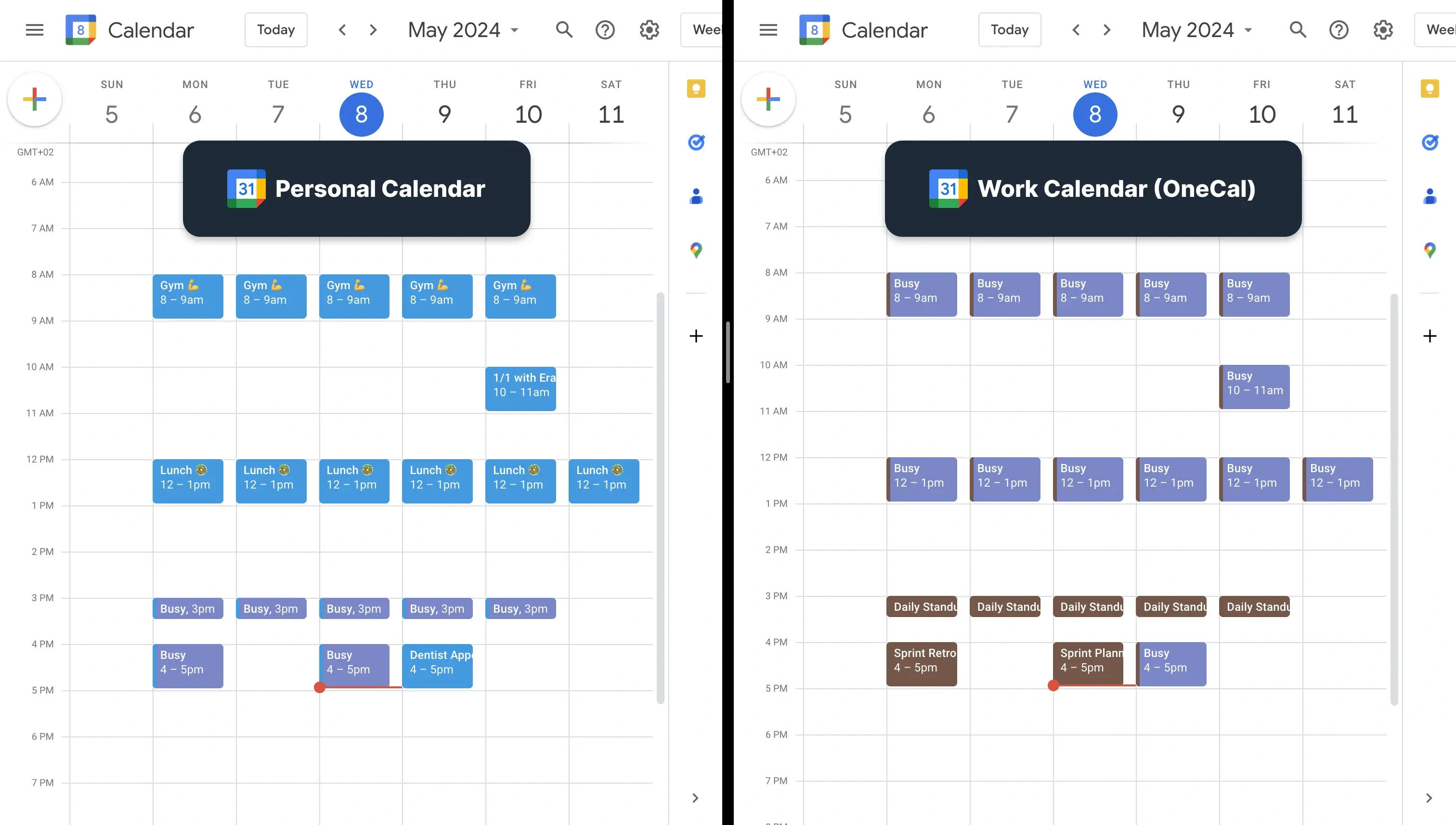 Side By Side Comparison of two merged Google Calendars