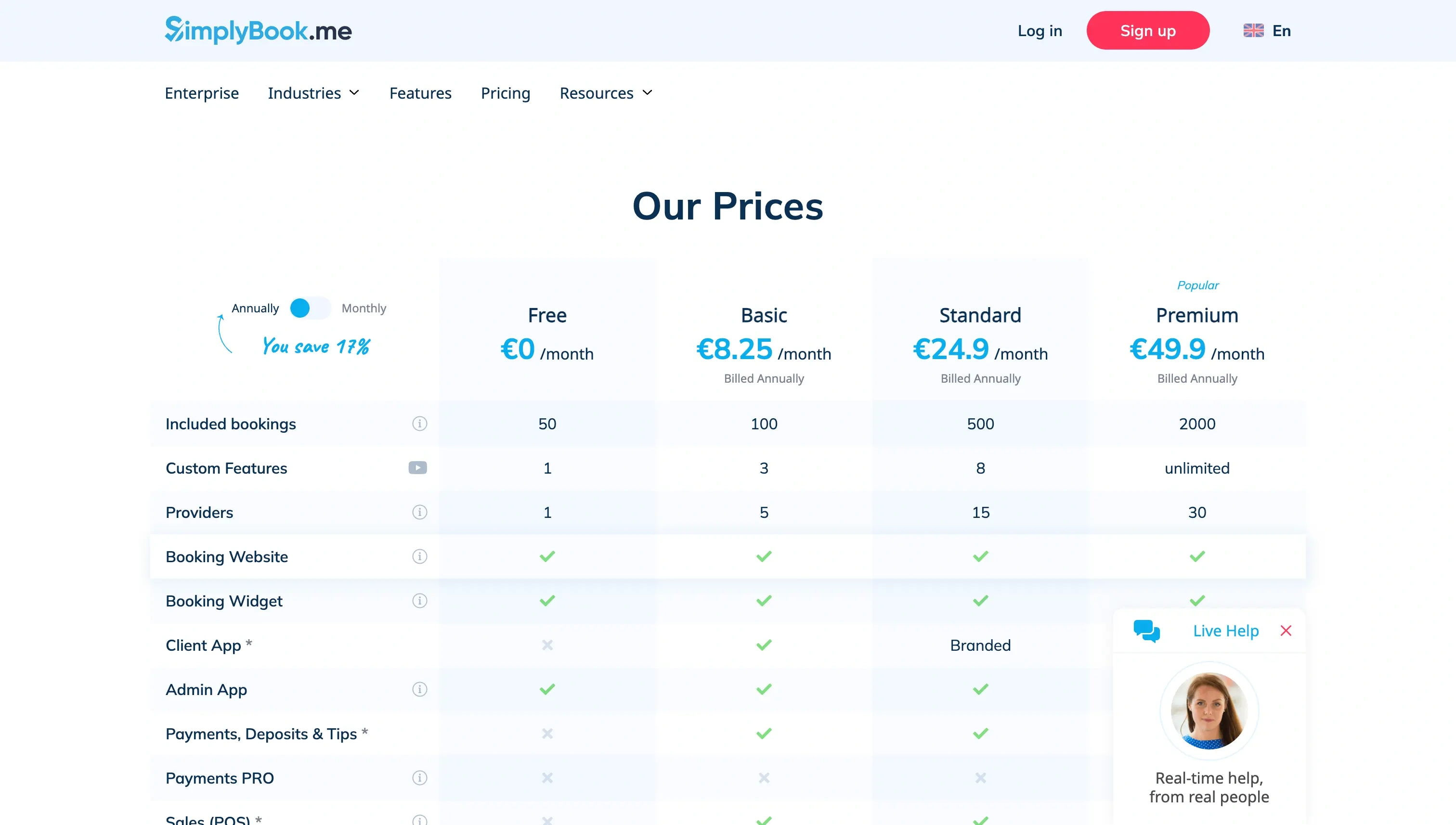 SimplyBookMe Pricing Page